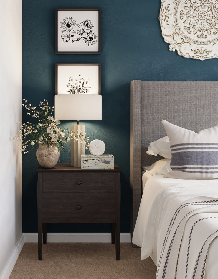 metallic accents in cosy teal bedroom