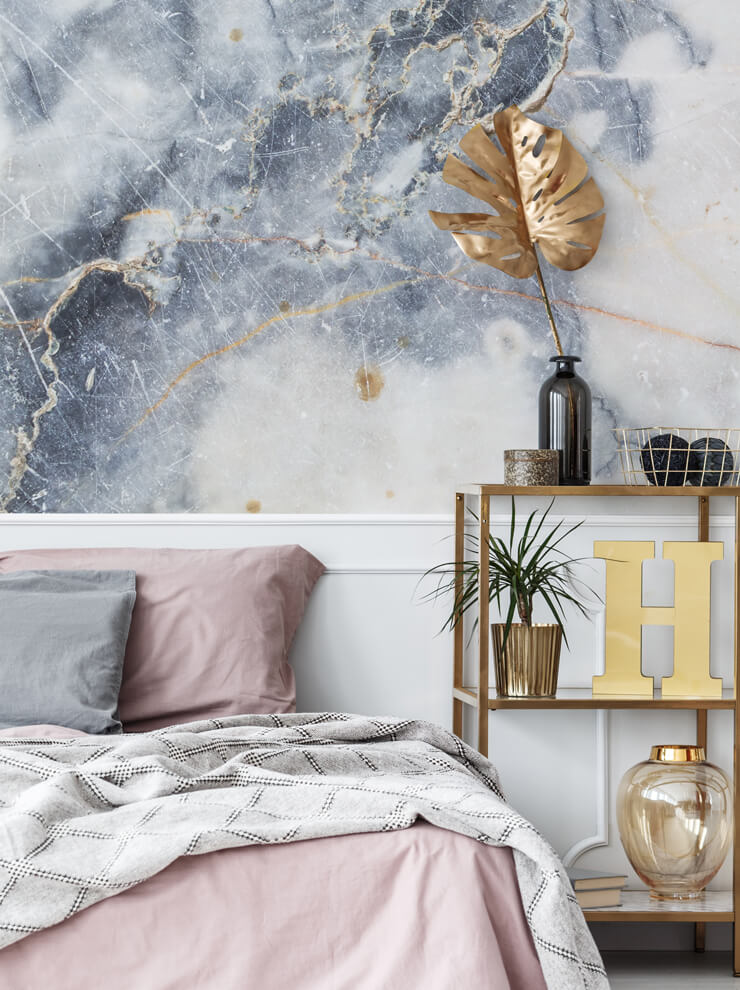 blue marble mural in master bedroom