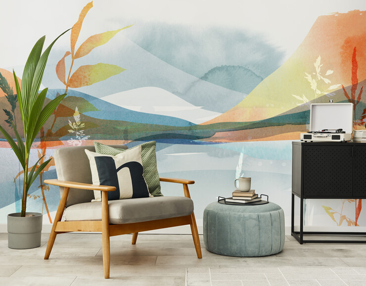 watercolour landscape mural in home office