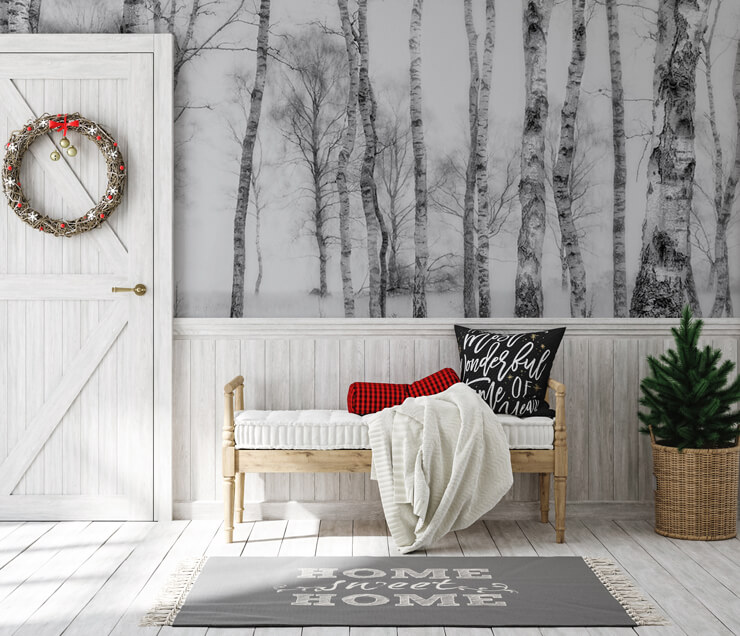 grey forest christmas wallpaper in stylish guest room