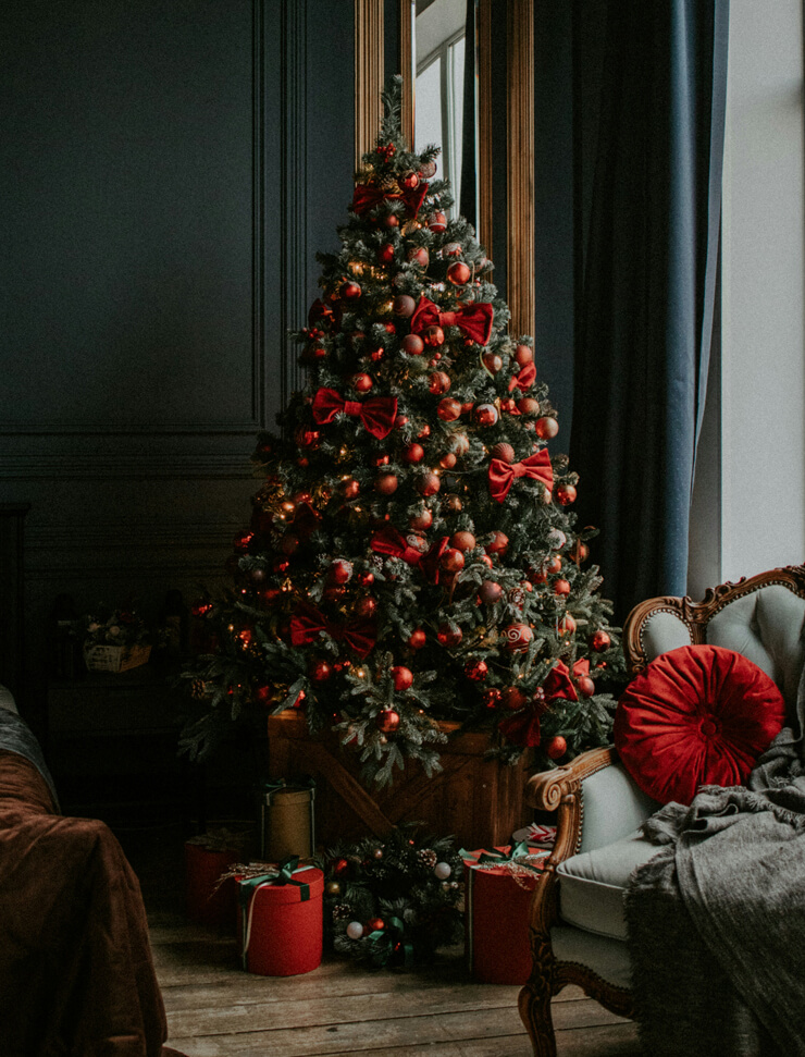 holly berry red christmas decorations in navy room