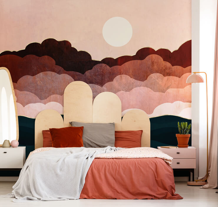 amber landscape mural in bedroom with tall headboard