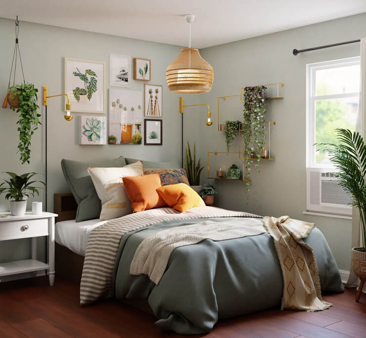small bedroom idea with green painted walls