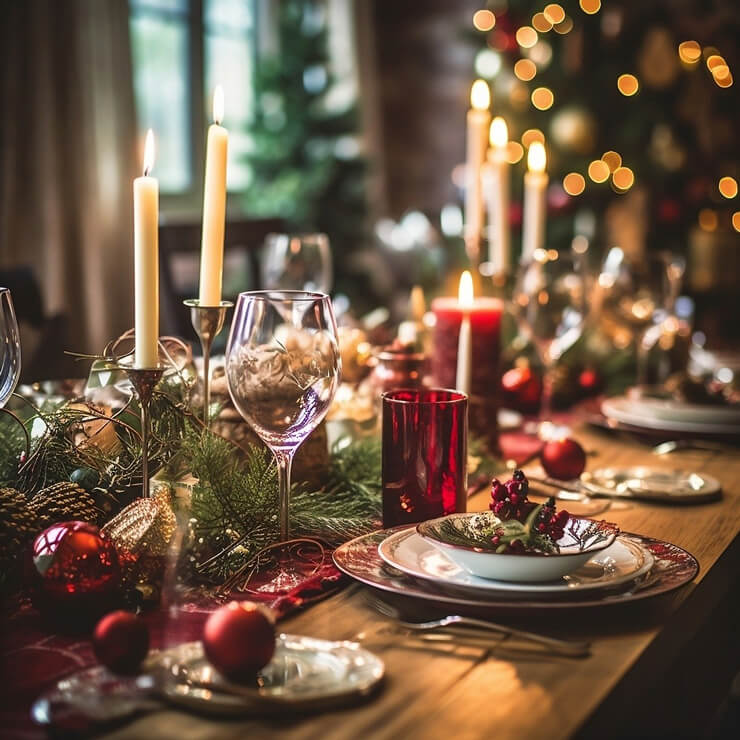 Red Christmas table decor in a red themed dining room