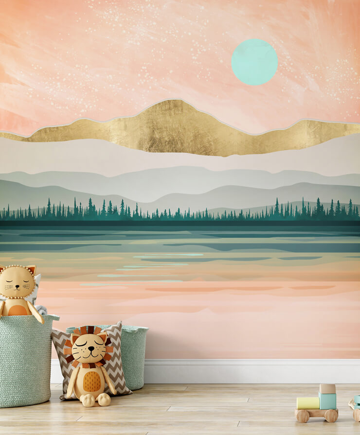 peachy and blue kids landscape wallpaper mural in playroom