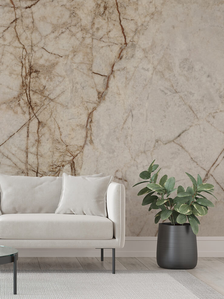 beige marble mural in living room