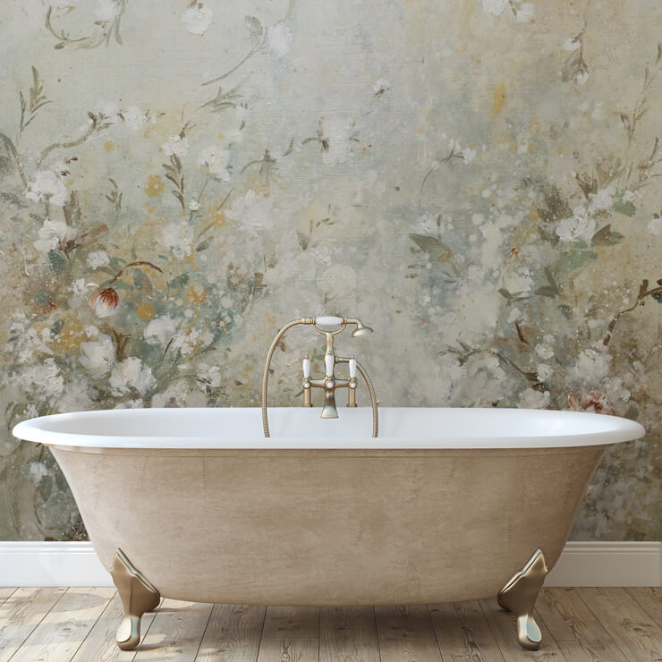 beige floral mural in bathroom
