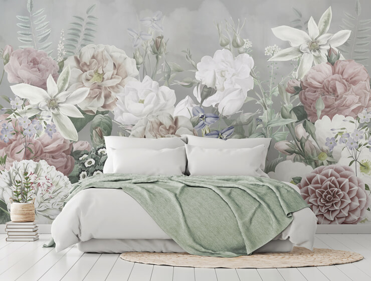 big floral wall mural in bedroom