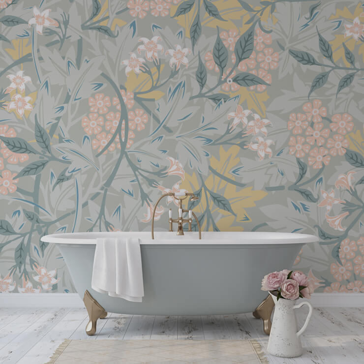 jasmine wallpaper mural by william morris in bathroom with free standing bath