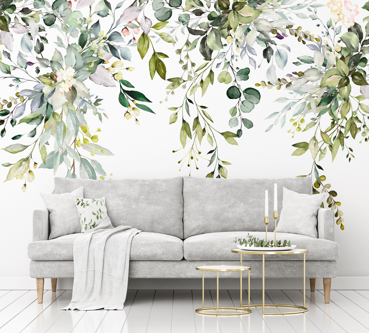 leafy green wallpaper mural in living room