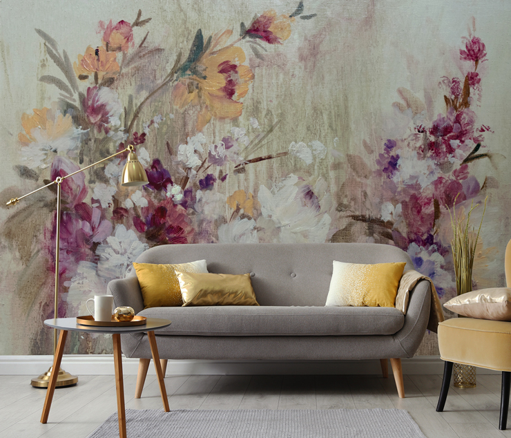 bold floral wallpaper mural in living room