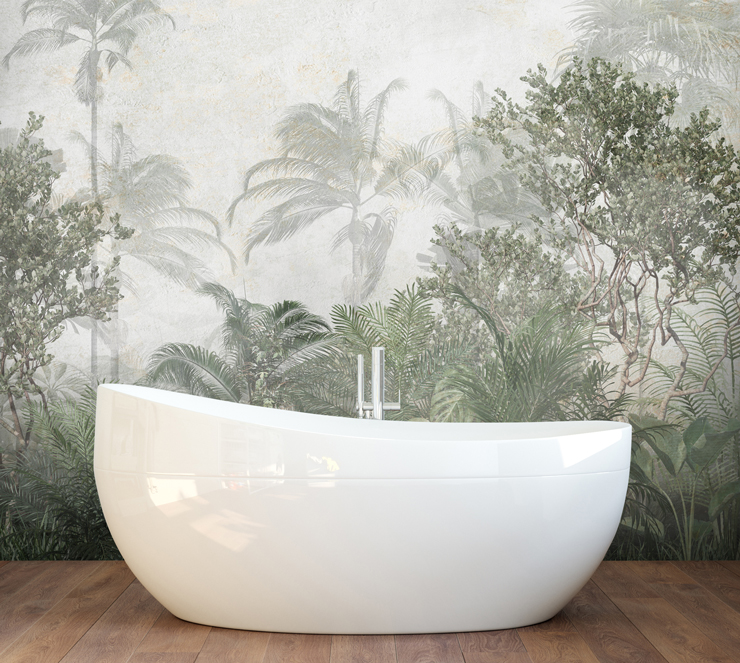 white bathroom with stand alone tub and jungle wall mural