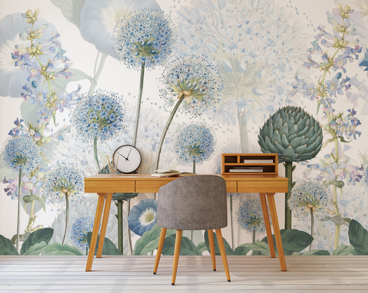 blue meadow wallpaper mural in home office with wooden desk and chair