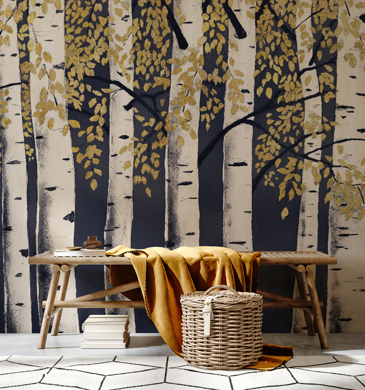 dark blue forest mural with gold and bronze autumn leaves