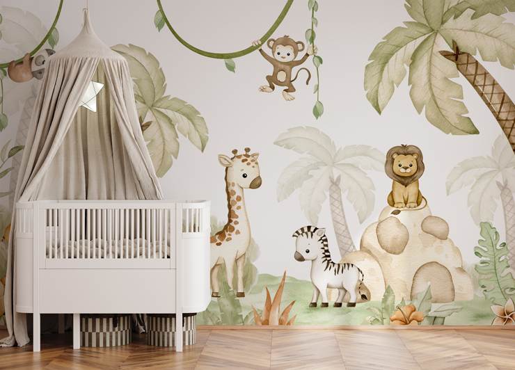 jungle mural with animals in nursery