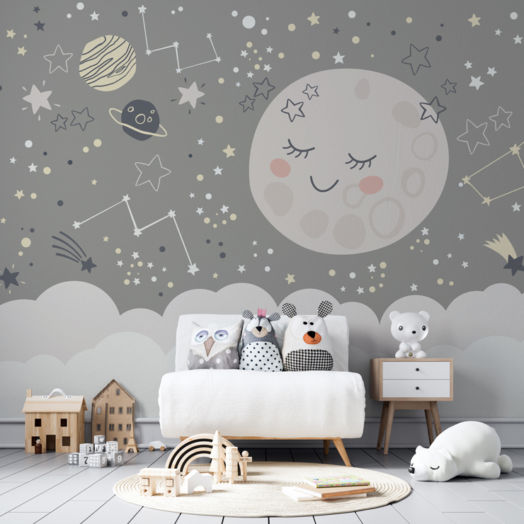 grey moon mural in nursery