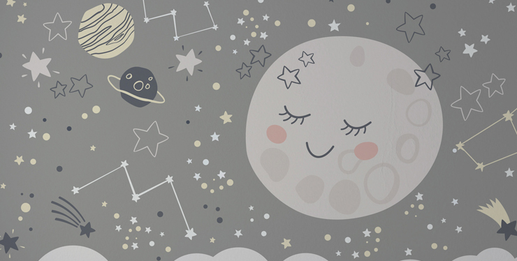 grey nursery mural with moon and stars