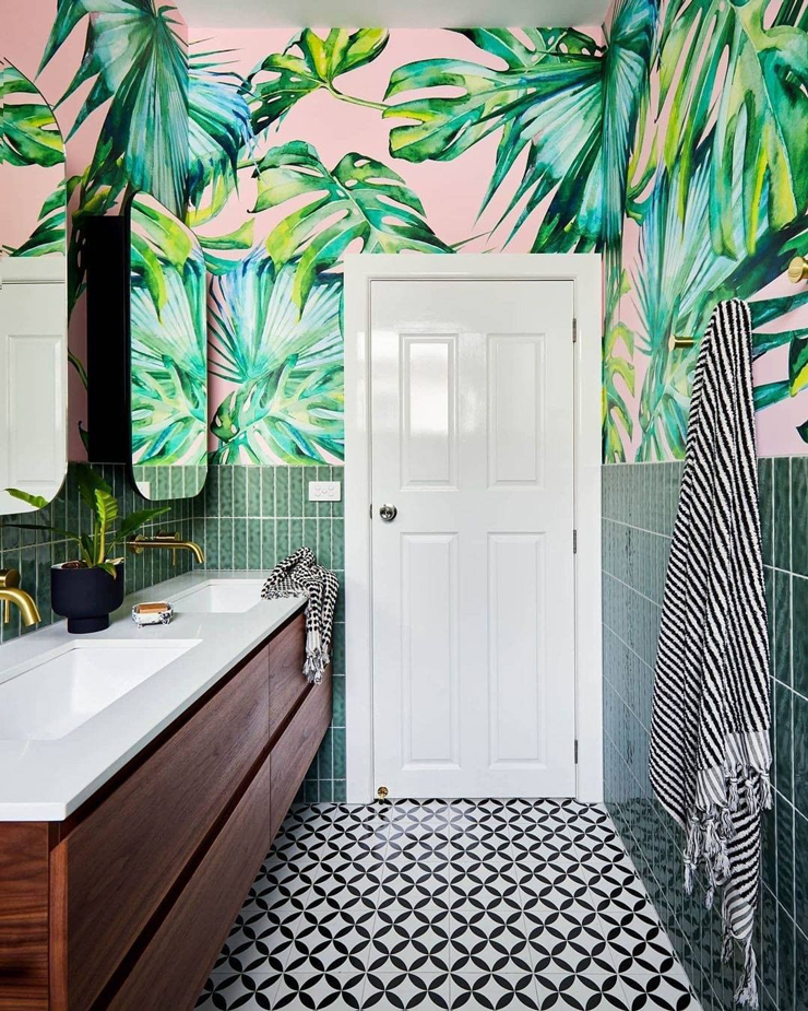 pink jungle wall mural in luxury toilet