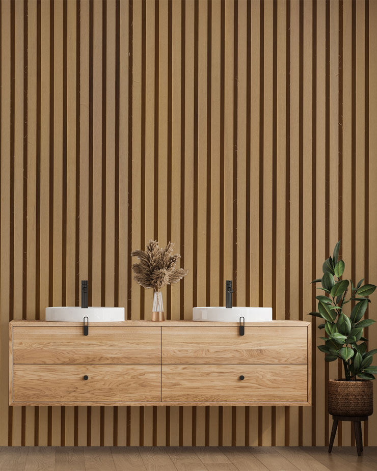 acoustic wood slat wallpaper in bathroom