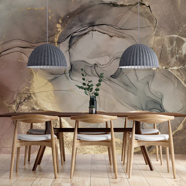 brown marble mural in maximalist dining room