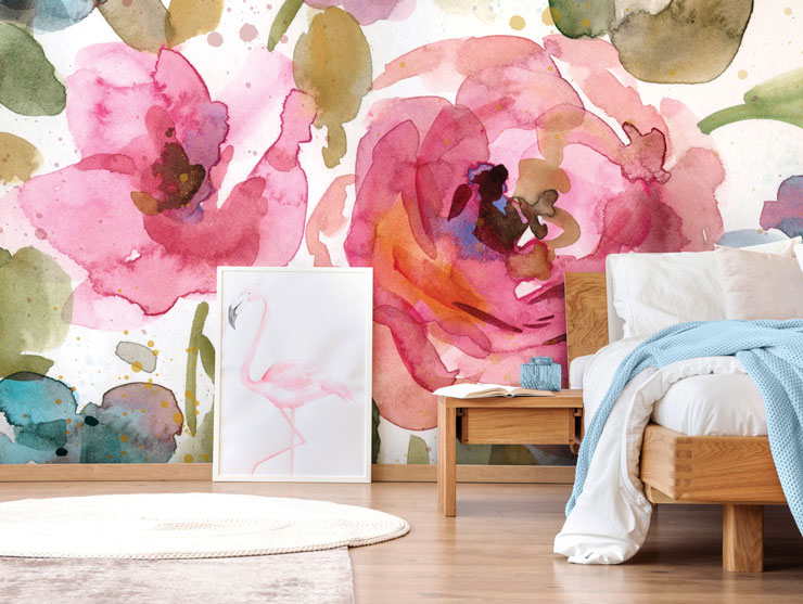 colourful botanical wall mural in bedroom