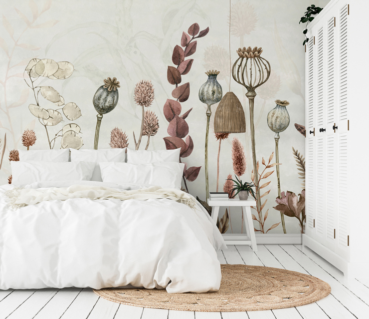 neutral botanical wall mural in bedroom