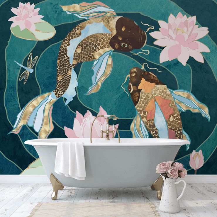 blue and green wallpaper mural called Metallic Koi III for bathrooms blue and green wallpaper mural called Metallic Koi III for bathrooms