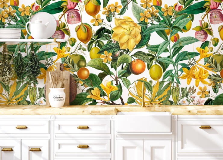 80s style wallpaper for kitchens called yellow fruit and flower