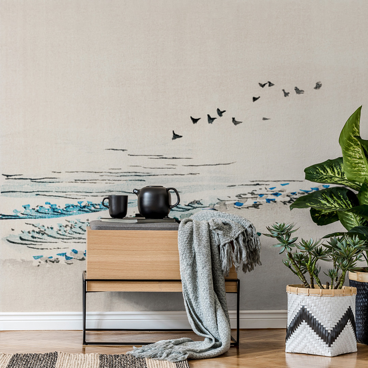 minimalist beach scenery wall mural for a nautical theme