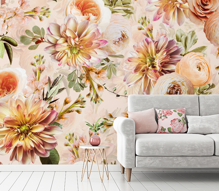 peach bouquet wallpaper mural for a living room