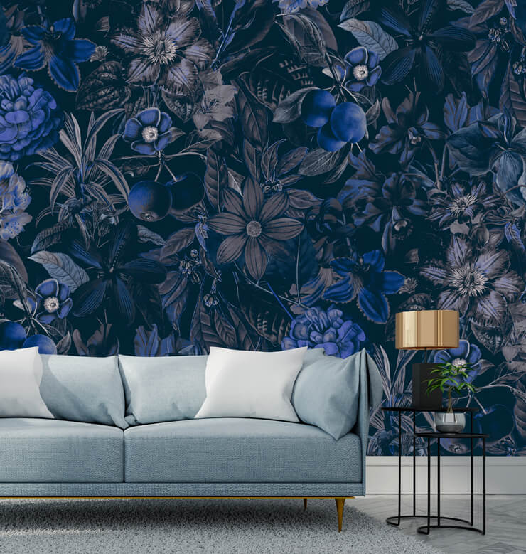 deep blue jungle wallpaper mural for a navy living room
