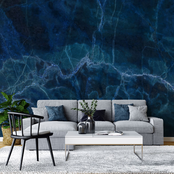 navy marble wallpaper mural for a living room in winter