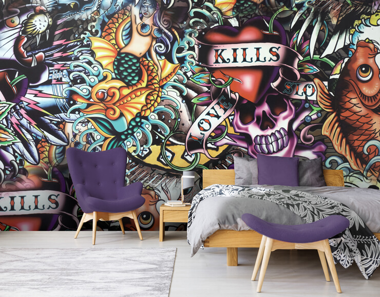 epic graffiti mural in bedroom 