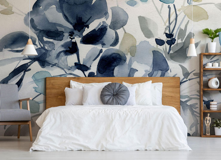 blue and white bedroom wallpaper mural called Indigo Garden 2 by Carol Robinson