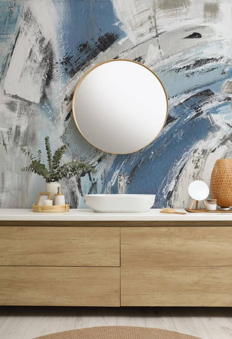 blue mykonos wallpaper mural for a stylish bathroom