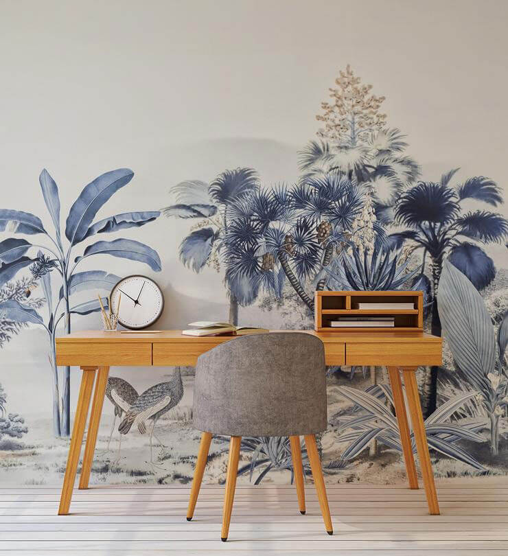 blue paradise island cranes wallpaper mural for a home office