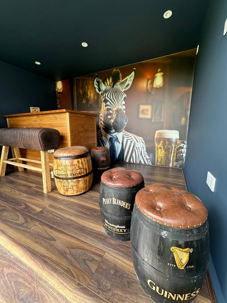 zebra with a beer wall mural for a pub-inspired man cave