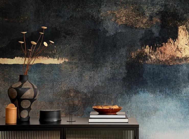 black and gold abstract wallpaper mural called Rain with Sun