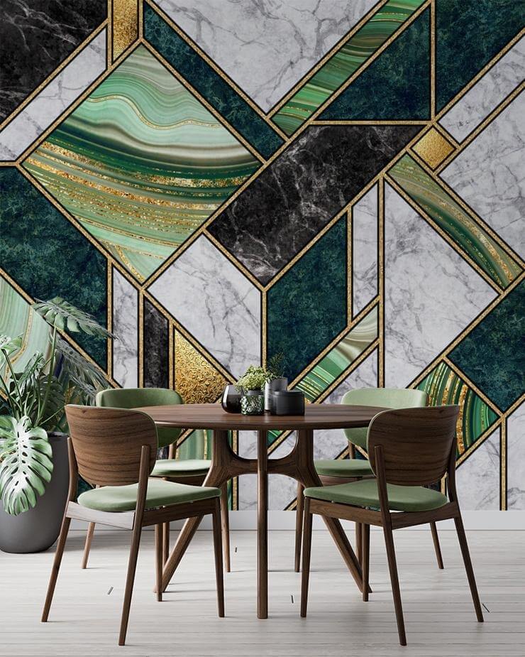 gold and green art deco wallpaper mural in an enticing dining room