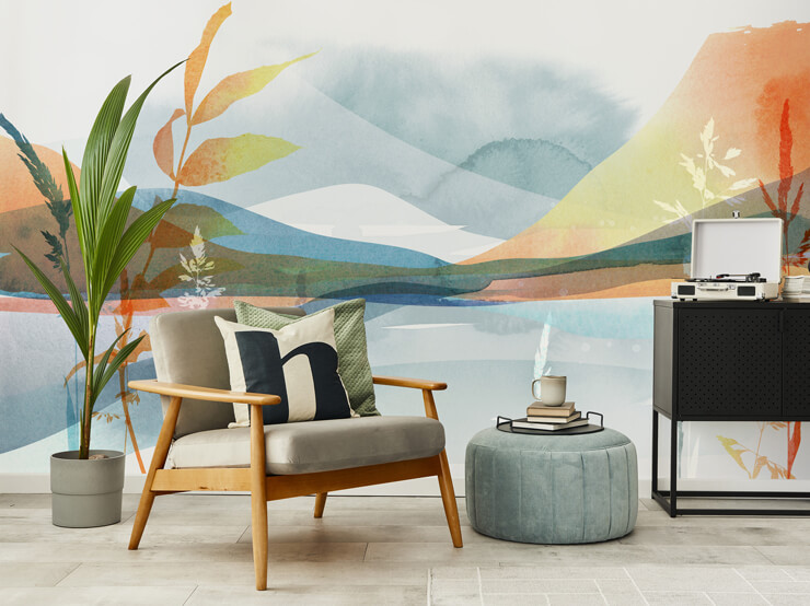 tranquil flow ombre floral wall mural in a home office