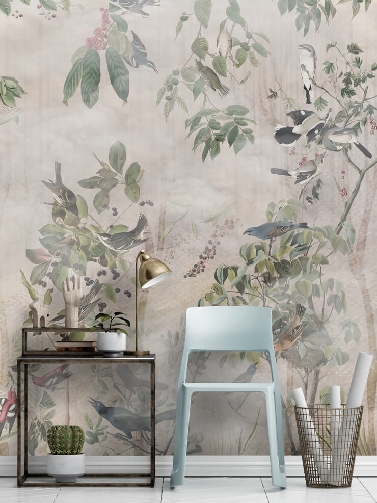 forest with birds and berries wall mural for a home office