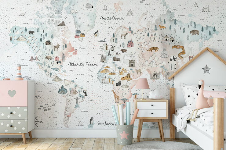world traveller world map wall mural in a child's bedroom