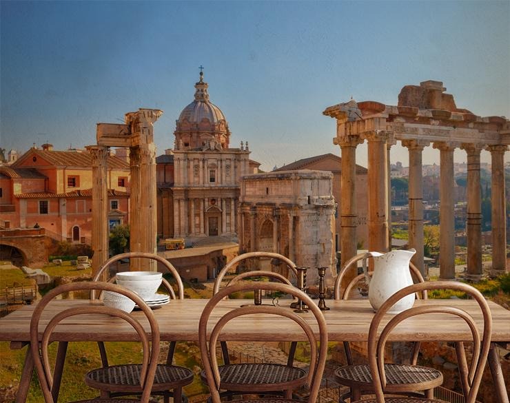 italy photo wallpaper mural in a rustic dining room 