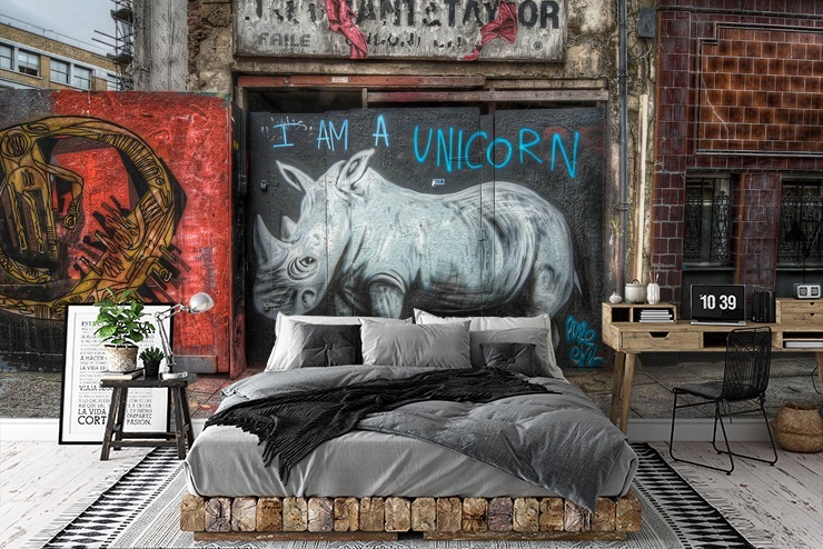 urban graffiti wallpaper mural in a bedroom
