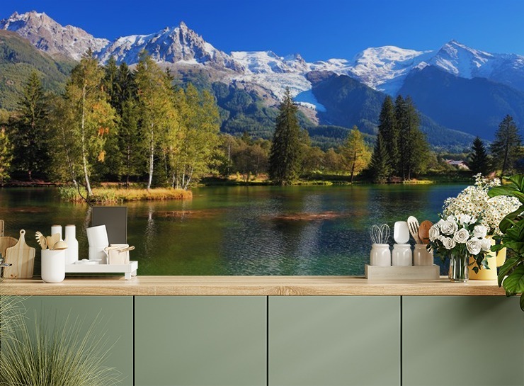 mountain landscape photo wallpaper mural in a kitchen