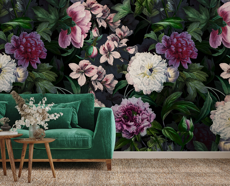 dark green floral wallpaper mural in a living room