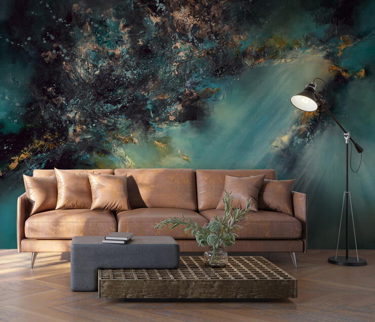celestial light abstract space wallpaper in a living room