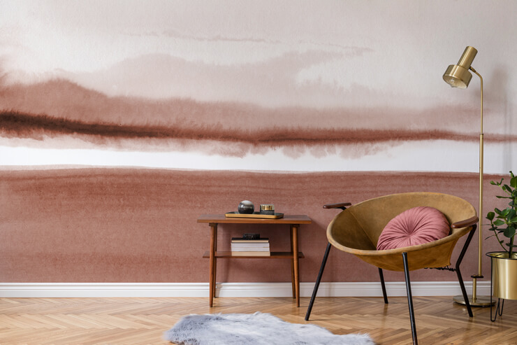 terracotta abstract wall mural called distant views in a cosy reading nook