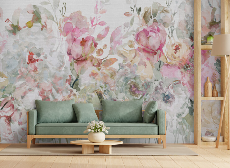 floral confetti collage wallpaper mural in a living room