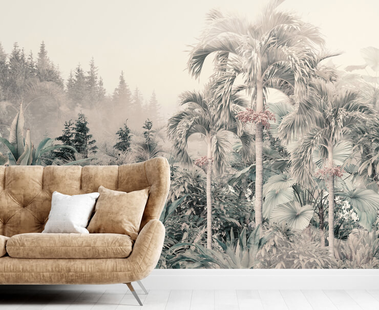 hazy paradise vintage jungle wallpaper mural in a living room